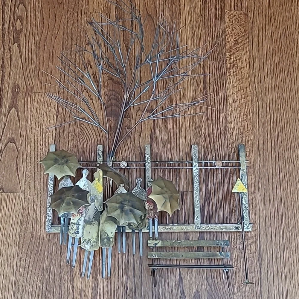Vintage 1970 Signed Curtis Jere Metal Umbrella Rainy Day Bus Stop Wall Hanging - Picture 8 of 16